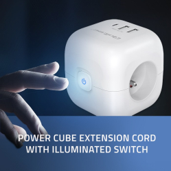 Qoltec Kostka zasilająca przedłużacz 6w1 z podświetlanym włącznikiem | 3x AC | 2x USB | 1x USB-C PD 20W | biała