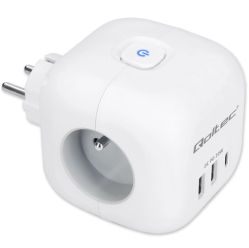 Qoltec Kostka zasilająca przedłużacz 6w1 z podświetlanym włącznikiem | 3x AC | 2x USB | 1x USB-C PD 20W | biała