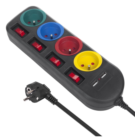 Listwa zasilająca Maclean z wyłącznikami 4 gniazda + 2xUSB przedłużacz MCE229B Czarna