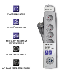 Qoltec Listwa antyprzepięciowa 5 gniazd | 3m | szara 