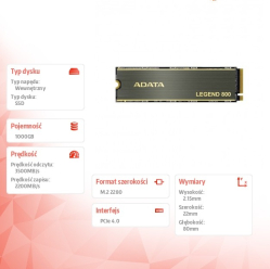Dysk SSD Adata LEGEND 800 1000GB PCIe 4x4 3.5/2.2 GB/s M2