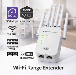 Wzmacniacz sygnału Qoltec 57067 WiFi Repeater 300Mb/s 6 anten RJ45 biały