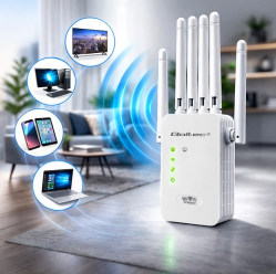 Wzmacniacz sygnału Qoltec 57067 WiFi Repeater 300Mb/s 6 anten RJ45 biały
