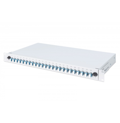 Digitus Przełącznica światłowodowa/panel krosowy z wyposażeniem 19 cali 1U, 24x LC duplex, OS2, zawiera pigtaile, adaptery, tacki, wysuwany, Szara