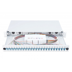 Digitus Przełącznica światłowodowa/panel krosowy z wyposażeniem 19 cali 1U, 24x LC duplex, OS2, zawiera pigtaile, adaptery, tacki, wysuwany, Szara