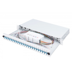 Digitus Przełącznica światłowodowa/panel krosowy z wyposażeniem 19 cali 1U, 24x LC duplex, OS2, zawiera pigtaile, adaptery, tacki, wysuwany, Szara