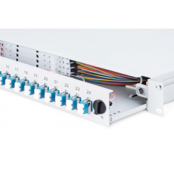 Digitus Przełącznica światłowodowa/panel krosowy z wyposażeniem 19 cali 1U, 24x LC duplex, OS2, zawiera pigtaile, adaptery, tacki, wysuwany, Szara