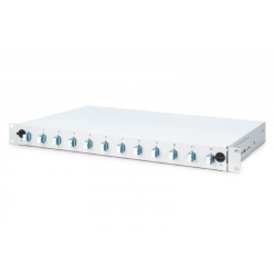 Digitus Przełącznica światłowodowa/panel krosowy z wyposażeniem 19 cali 1U, 12x LC duplex, OS2, zawiera pigtaile, adaptery, tacki, wysuwany, Szary