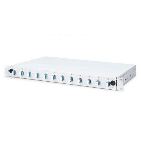 Digitus Przełącznica światłowodowa/panel krosowy z wyposażeniem 19 cali 1U, 12x LC duplex, OS2, zawiera pigtaile, adaptery, tacki, wysuwany, Szary