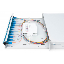 Digitus Przełącznica światłowodowa/panel krosowy z wyposażeniem 19 cali 1U, 12x LC duplex, OS2, zawiera pigtaile, adaptery, tacki, wysuwany, Szary