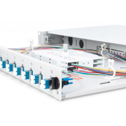 Digitus Przełącznica światłowodowa/panel krosowy z wyposażeniem 19 cali 1U, 12x LC duplex, OS2, zawiera pigtaile, adaptery, tacki, wysuwany, Szary
