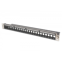 Digitus Panel krosowy (patch panel) modularny 19" 24 porty pod moduły keystone, 1U, ekranowany, prowadnica kabli, wymienne pola opisowe Czarny