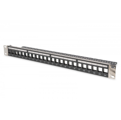 Digitus Panel krosowy (patch panel) modularny 19" 24 porty pod moduły keystone, 1U, ekranowany, prowadnica kabli, wymienne pola opisowe Czarny