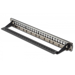 Digitus Panel krosowy (patch panel) modularny 19" 24 porty pod moduły keystone, 1U, ekranowany, prowadnica kabli, wymienne pola opisowe Czarny