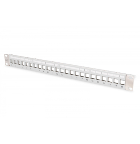 Digitus Panel krosowy (patch panel) modularny 19" 24 porty pod moduły keystone, 1U, ekranowany, prowadnica kabli, wymienne pola opisowe Szary