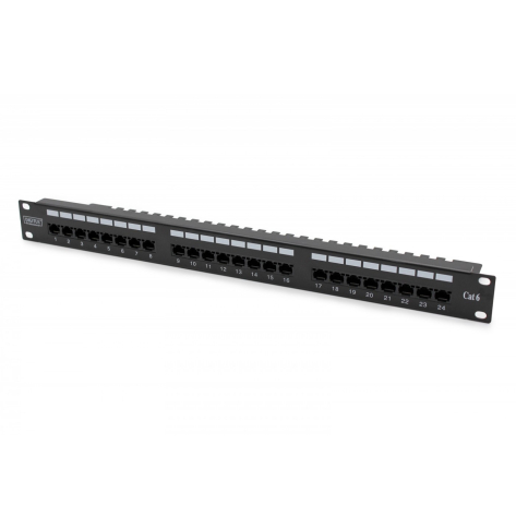 Digitus Panel krosowy (patch panel) 19'' 24x RJ45, LSA poziom, kat.6, nieekranowany, 1U, prowadnica kabli, pola opisowe, czarny