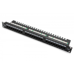 Digitus Panel krosowy (patch panel) 19'' 24x RJ45, LSA poziom, kat.6, nieekranowany, 1U, prowadnica kabli, pola opisowe, czarny