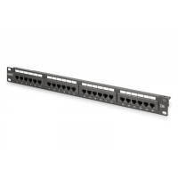 Digitus Panel krosowy (patch panel) 19'' 24x RJ45, LSA pion, kat.6, nieekranowany, 1U, prowadnica kabli, pola opisowe, Czarny