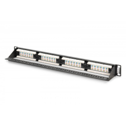Digitus Panel krosowy (patch panel) 19'' 24x RJ45, LSA pion, kat.6, nieekranowany, 1U, prowadnica kabli, pola opisowe, Czarny