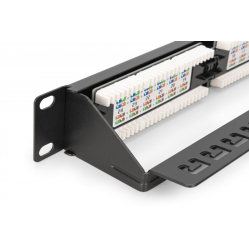 Digitus Panel krosowy (patch panel) 19'' 24x RJ45, LSA pion, kat.6, nieekranowany, 1U, prowadnica kabli, pola opisowe, Czarny