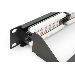 Digitus Panel krosowy (patch panel) 19'' 24x RJ45, LSA pion, kat.6, nieekranowany, 1U, prowadnica kabli, pola opisowe, Czarny