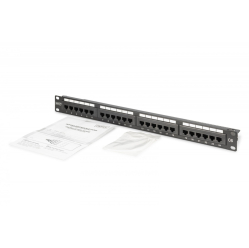 Digitus Panel krosowy (patch panel) 19'' 24x RJ45, LSA pion, kat.6, nieekranowany, 1U, prowadnica kabli, pola opisowe, Czarny