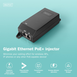 Adapter PoE Digitus DN-95103-3 55V 30W 2-portowy RJ-45 1Gb/s czarny