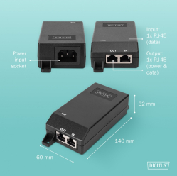 Adapter PoE Digitus DN-95103-3 55V 30W 2-portowy RJ-45 1Gb/s czarny