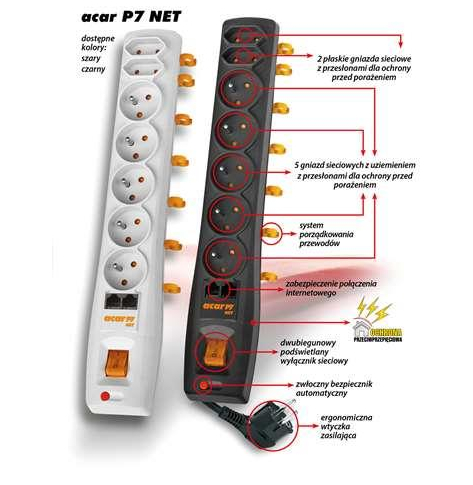 Listwa zasilająca  Acar P7NET    RJ45   czarna   3m