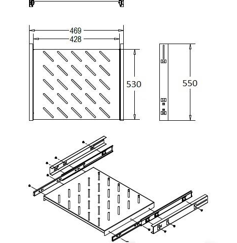 Linkbasic półka wysuwana 530mm 1U do szaf rack 19'' o głębokości 800mm, szara