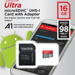 Karta pamięci SanDisk microSDHC 16 GB 98MB/s A1 Cl.10 UHS-I + ADAPTER