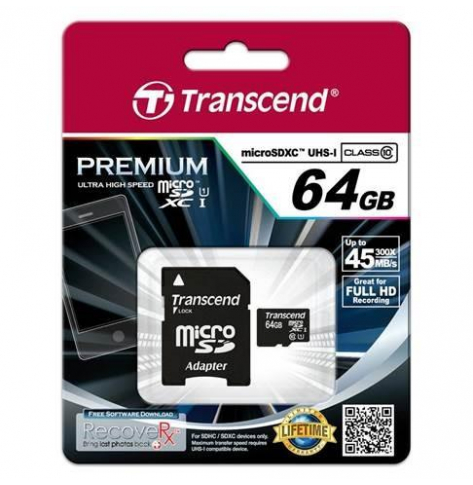 Karta pamięci Transcend Micro SDXC 64GB Class 10 UHS-I +adapter SD