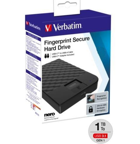 Dysk zewnętrzny VERBATIM FINGERPRINT SECURE HDD 1TB AES 256 ENCRYPTION USB 3.1 GEN 1 (2.5'')